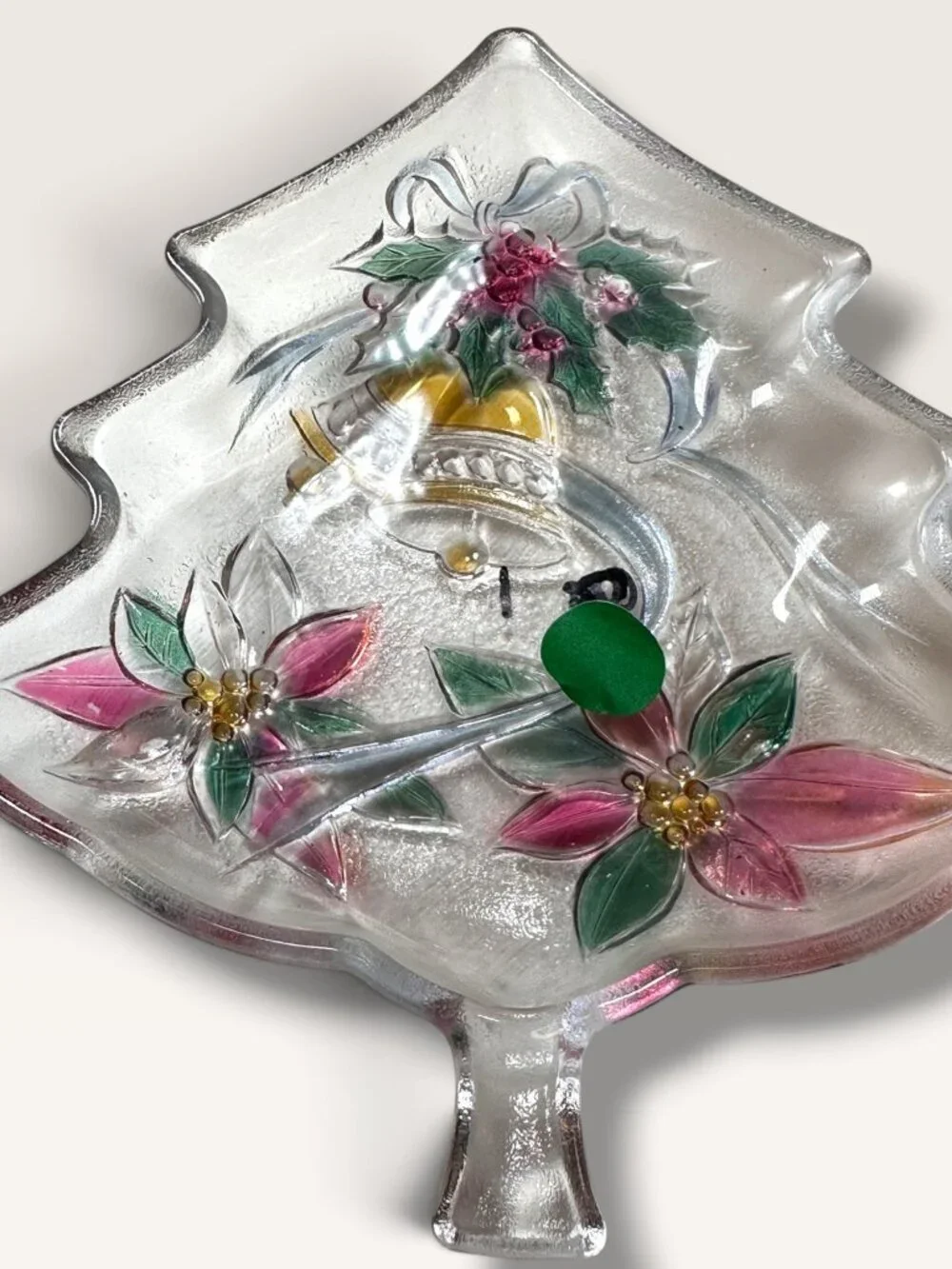Christmas Tree-Shaped Glass Serving Dish With Hand-Painted Bells & Poinsettias H